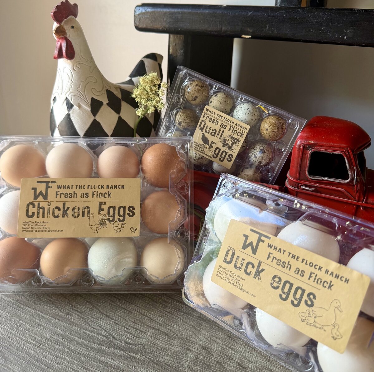 Chicken, duck and quail eggs from the ranch